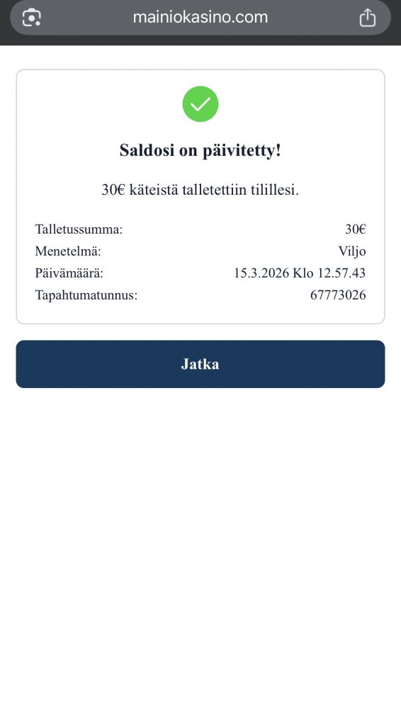 Viljo kasino talletus tulee heti perille