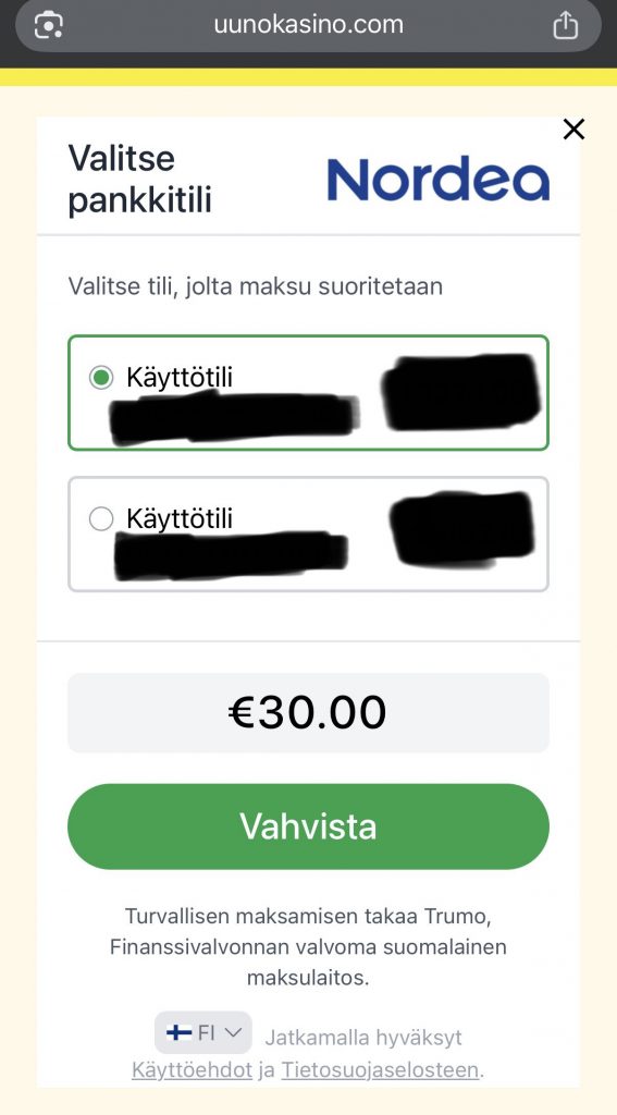 Tilin valitseminen Trumo maksua varten