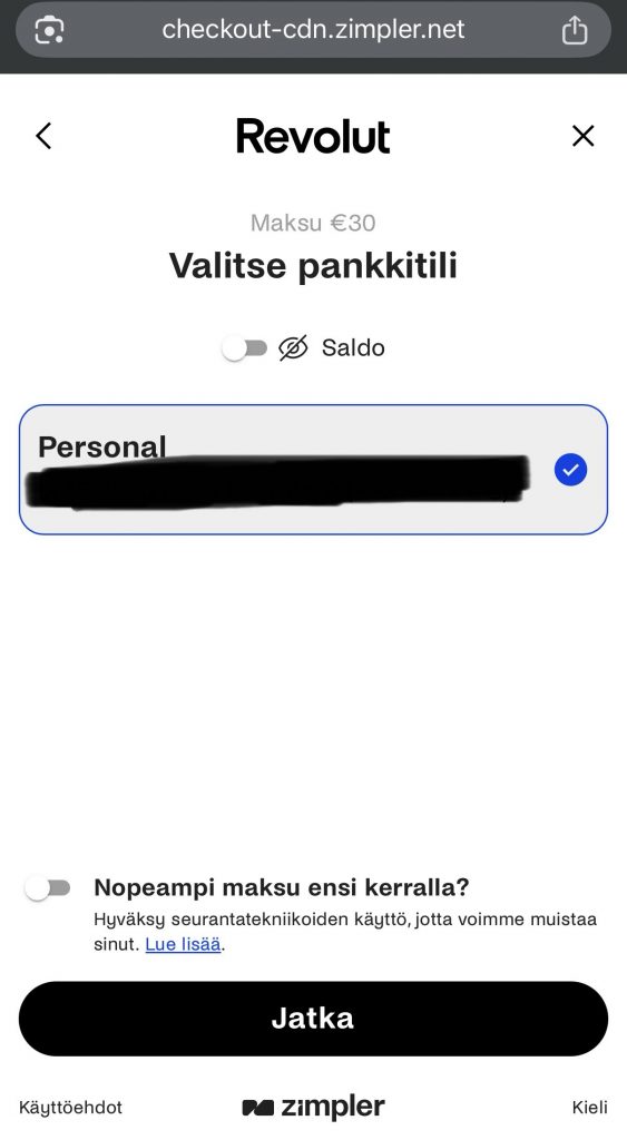 Pankkitilin valinta Zimpler talletusta varten