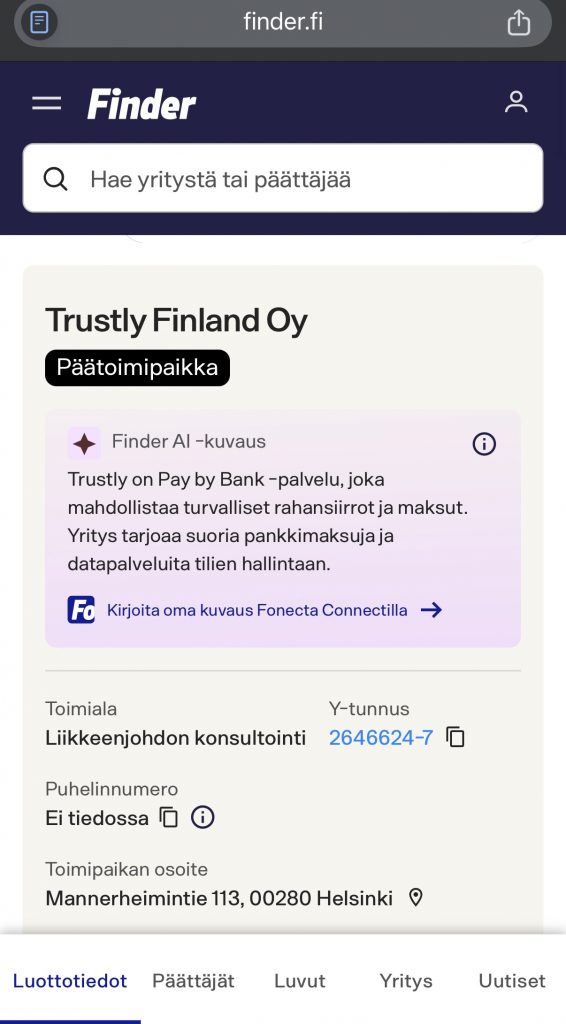 Trustly Finland Oy tiedot Finderissa