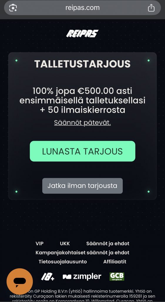 Zimpler pikakasino -sivuston tarjoama tervetulobonus