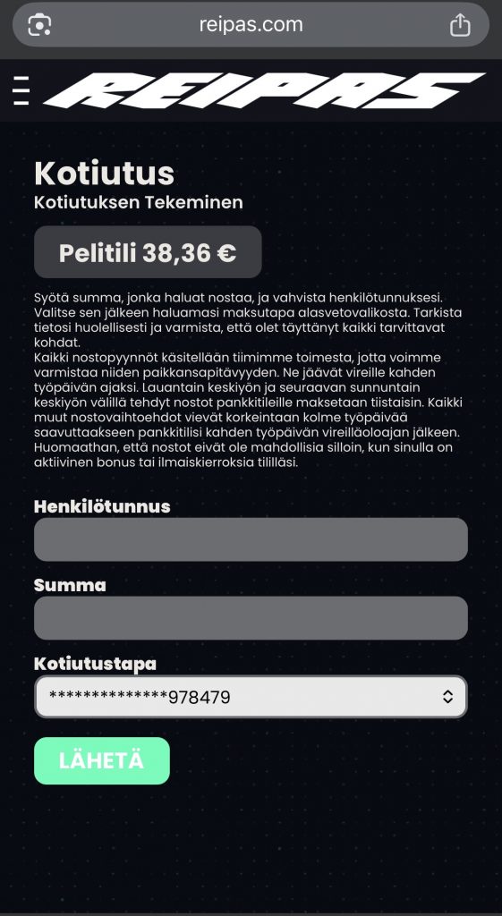 Zimpler kotiutus ja nostosumman valitseminen