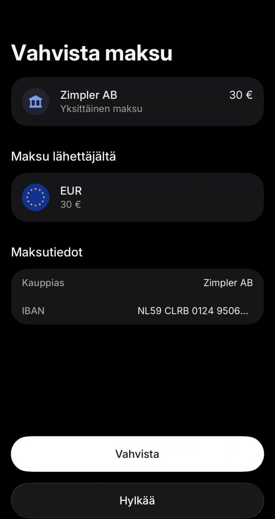 Zimpler maksu ja sen vahvistus Revolut-sovelluksessa