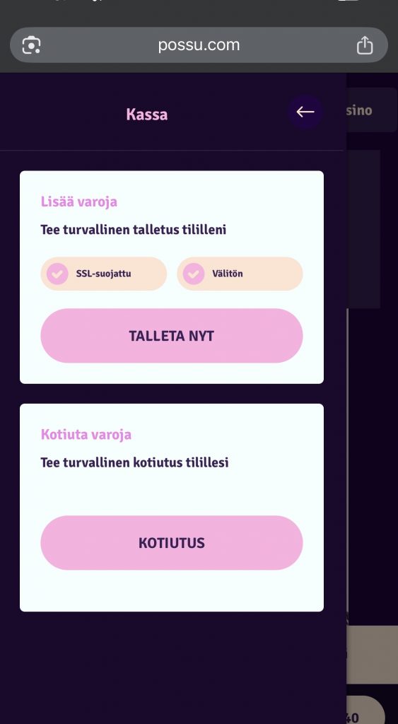 Brite pikakasino -sivuston valikko