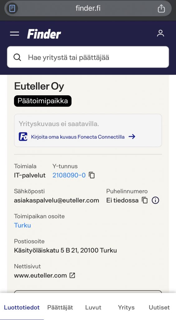 Euteller Oy:n tiedot Finderissa