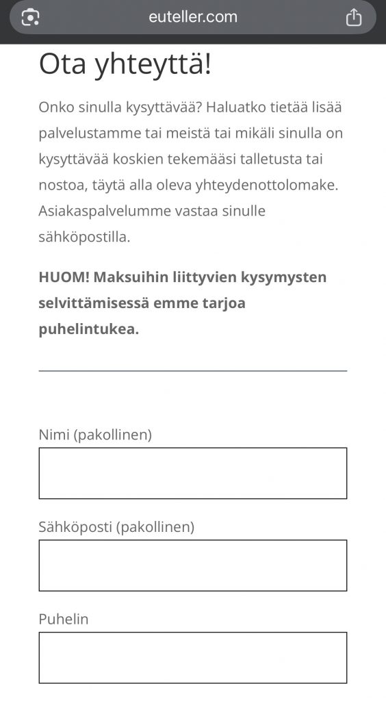 Euteller asiakaspalvelu on tavoitettavissa lomakkeella