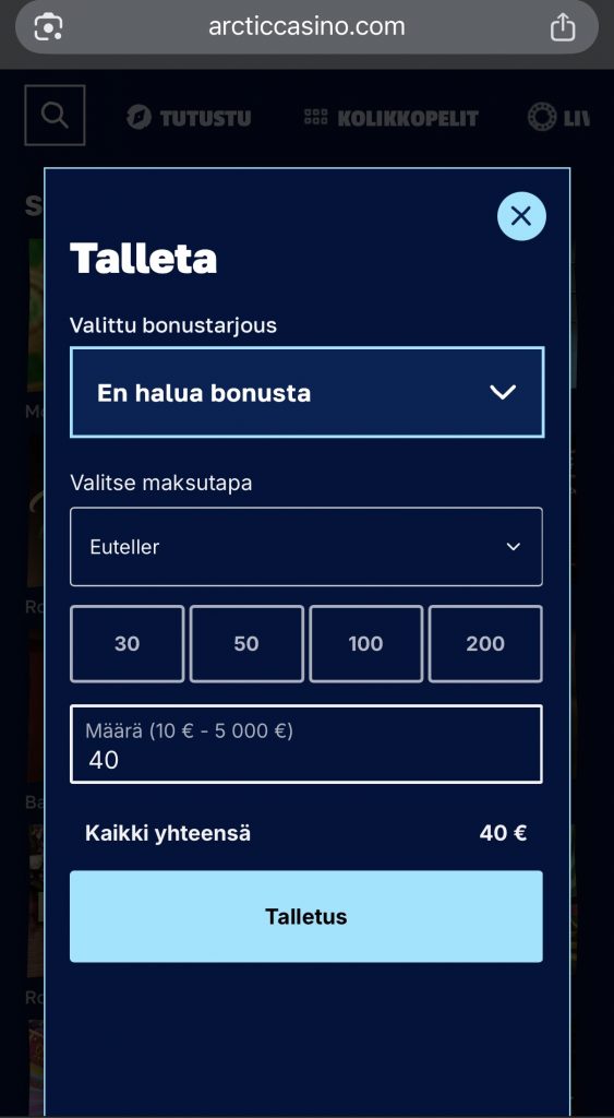 Euteller casinon talletusikkuna
