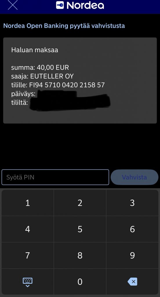 Euteller talletus ja sen vahvistaminen pankkitunnuksilla