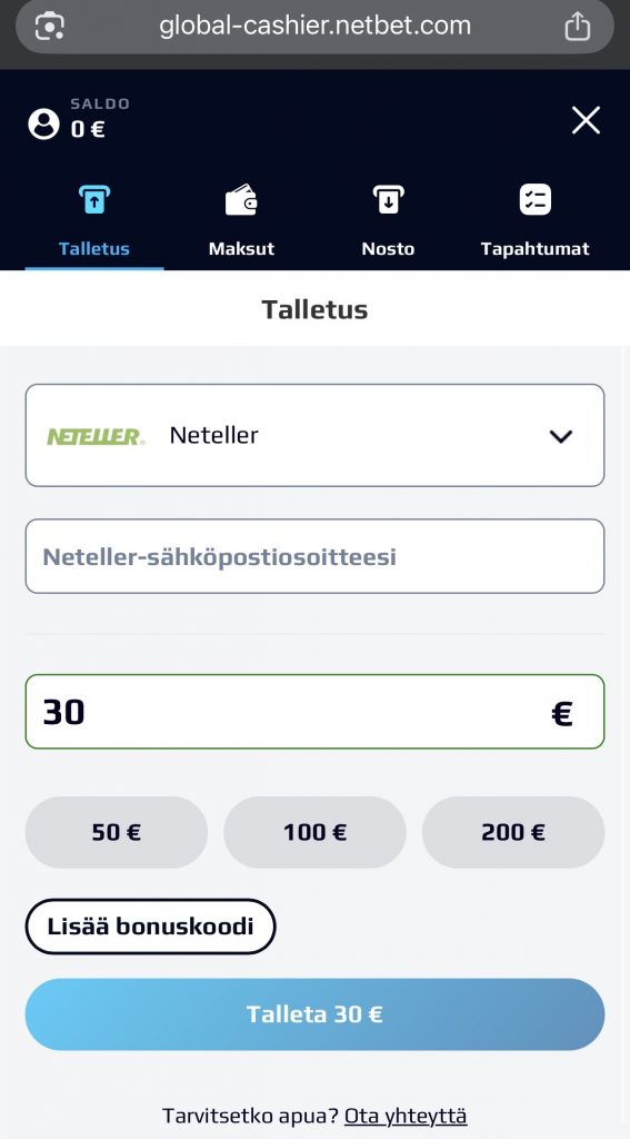 30 euron Neteller talletus kyseistä maksutapaa tukevalla kasinolla