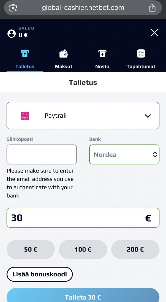 30 euron Paytrail talletus tätä maksutapaa tukevalla kasinolla