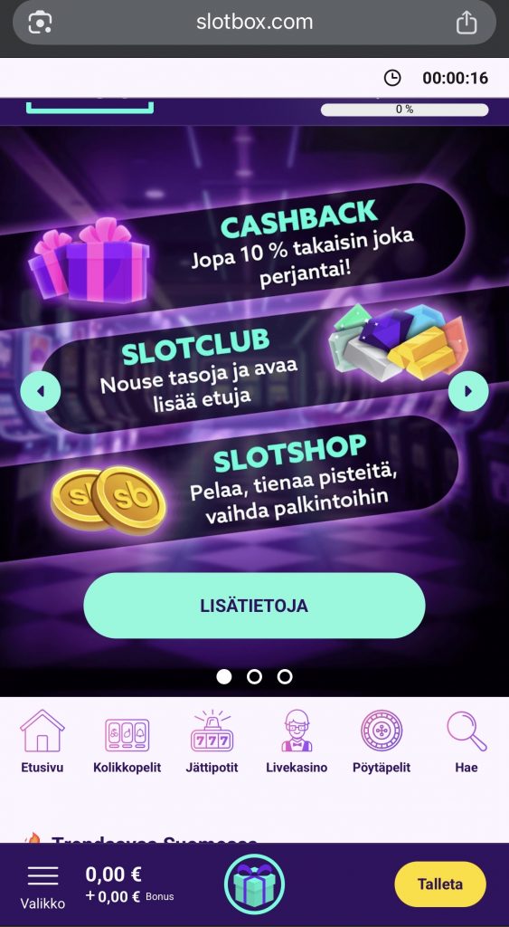 MiFinity casino -sivuston kotisivu